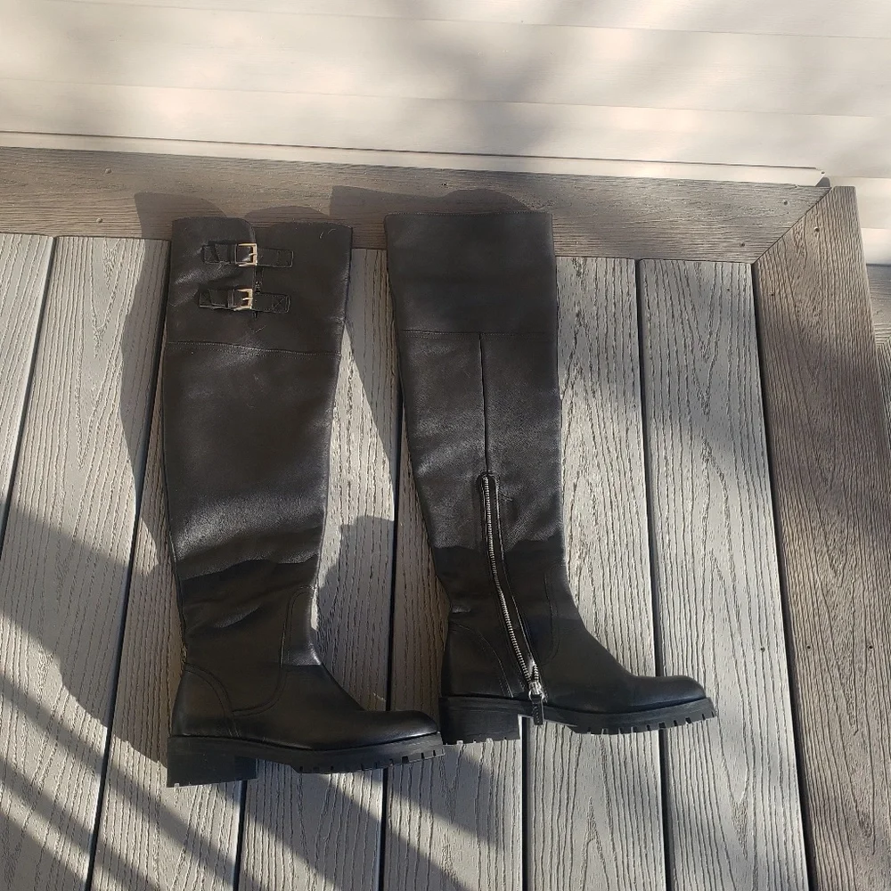 ZARA Leather 2 Buckle Over The Knee Lug Sole Tall Boots - Picture 9 of 13